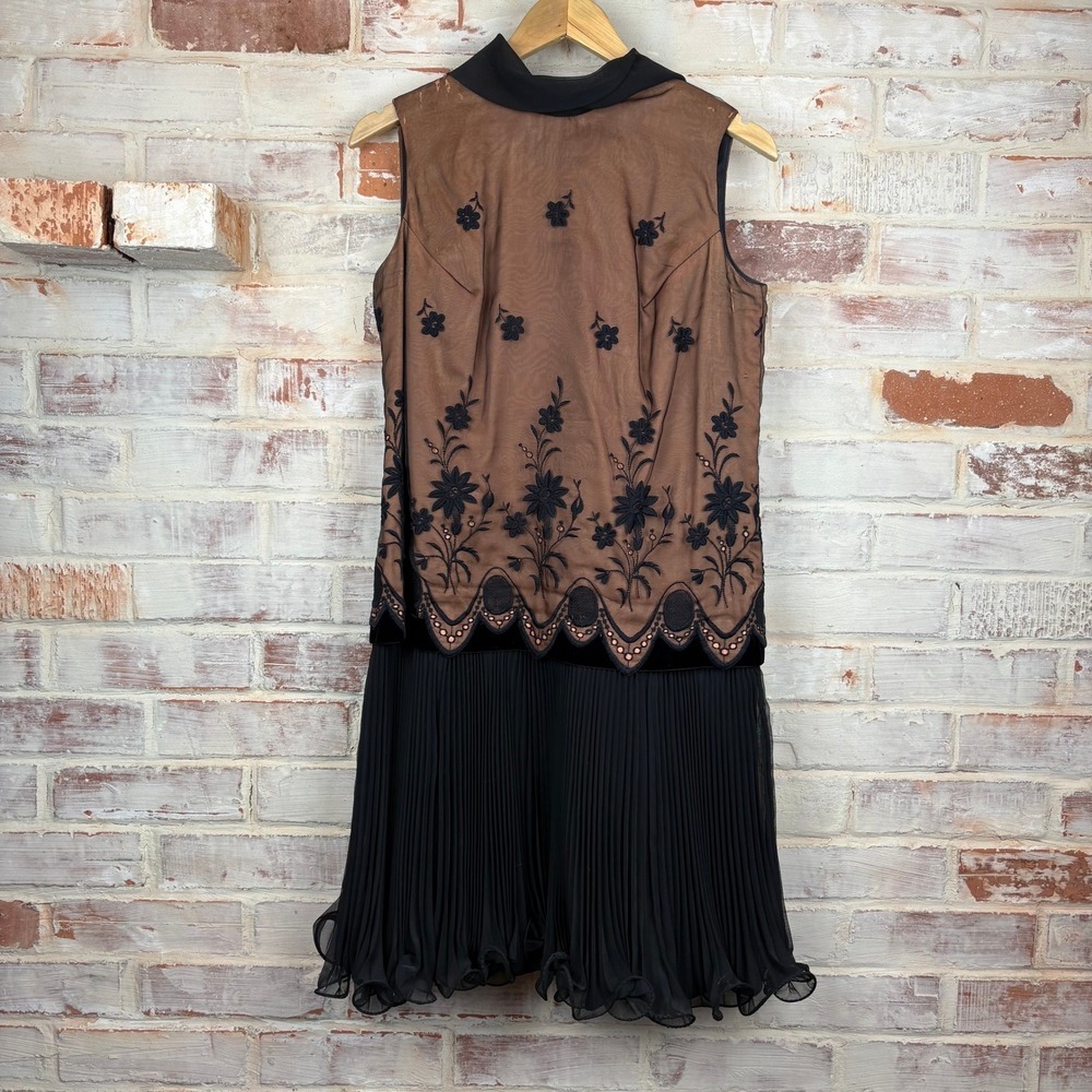 1960s Jack Bryan By Dupuis Embroidered Sheer Cocktail Dress With Scarf Tie